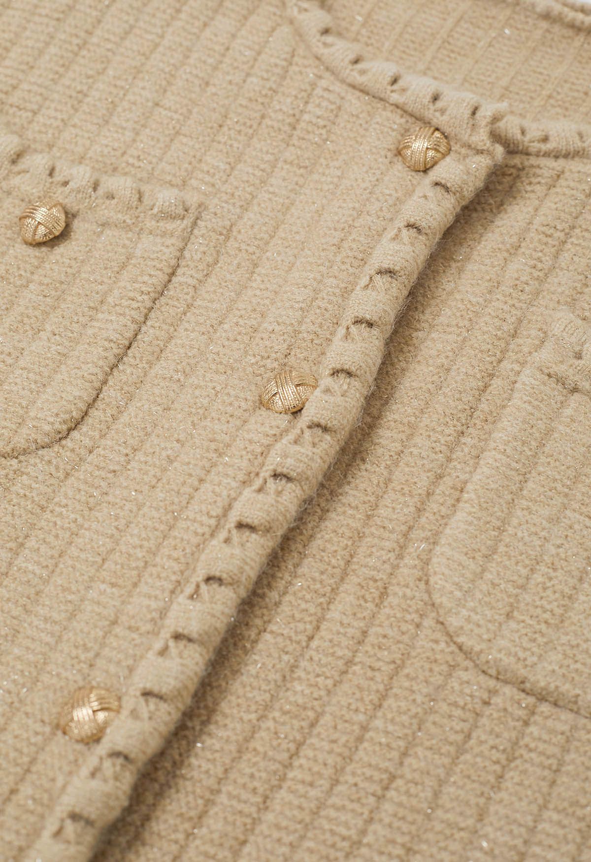 Glänzender, geknöpfter Strick-Cardigan mit Fransenbesatz in Camel