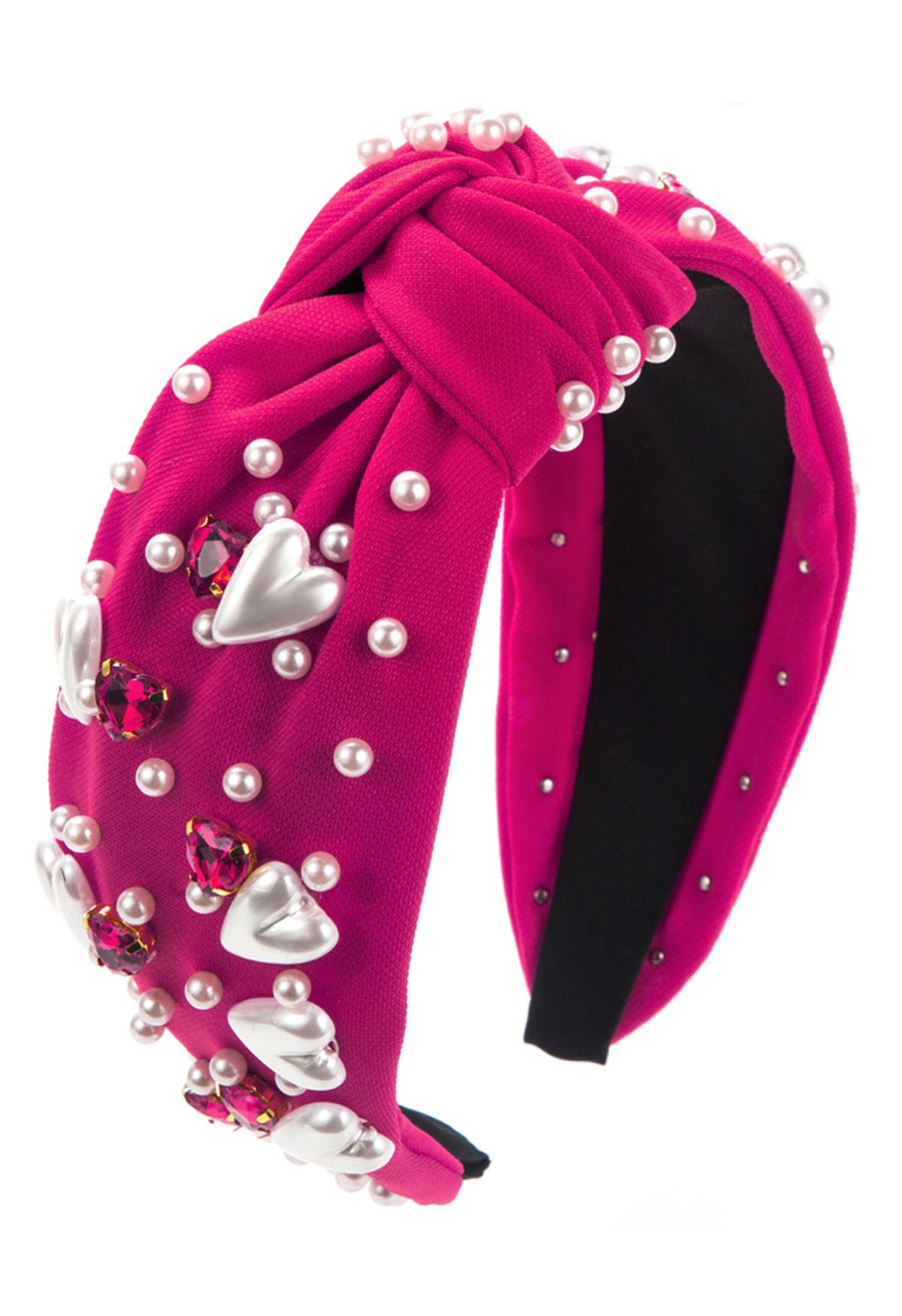 Geknotetes Stirnband mit Herz-Strass-Perlen in Magenta