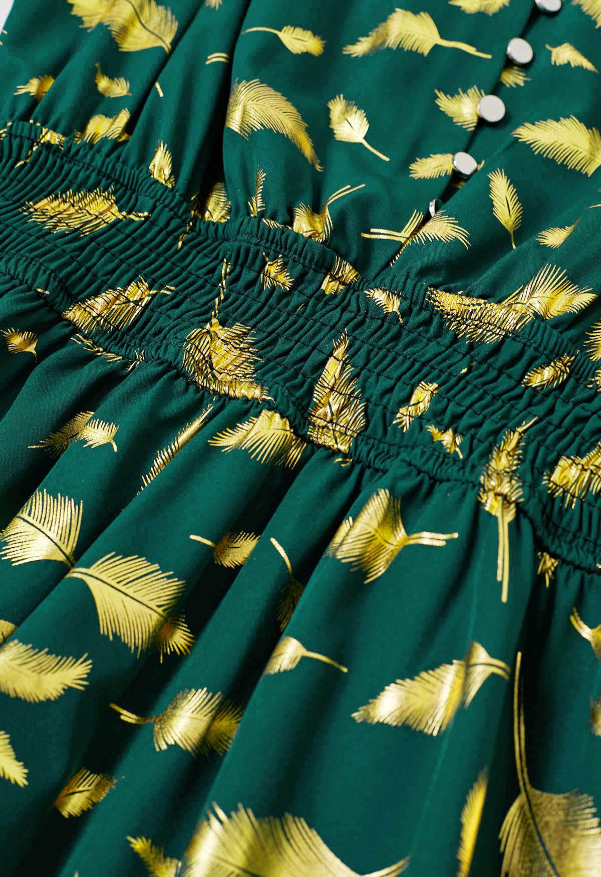 Minikleid mit Blattgold-Print und Bindegürtel in Grün