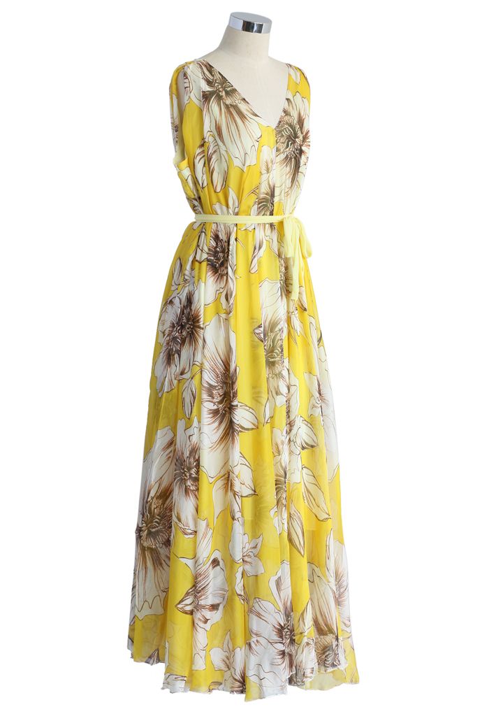 Wunderbare Gelbe Blumen Chiffon Langes Kleid Retro Indie And Unique Fashion