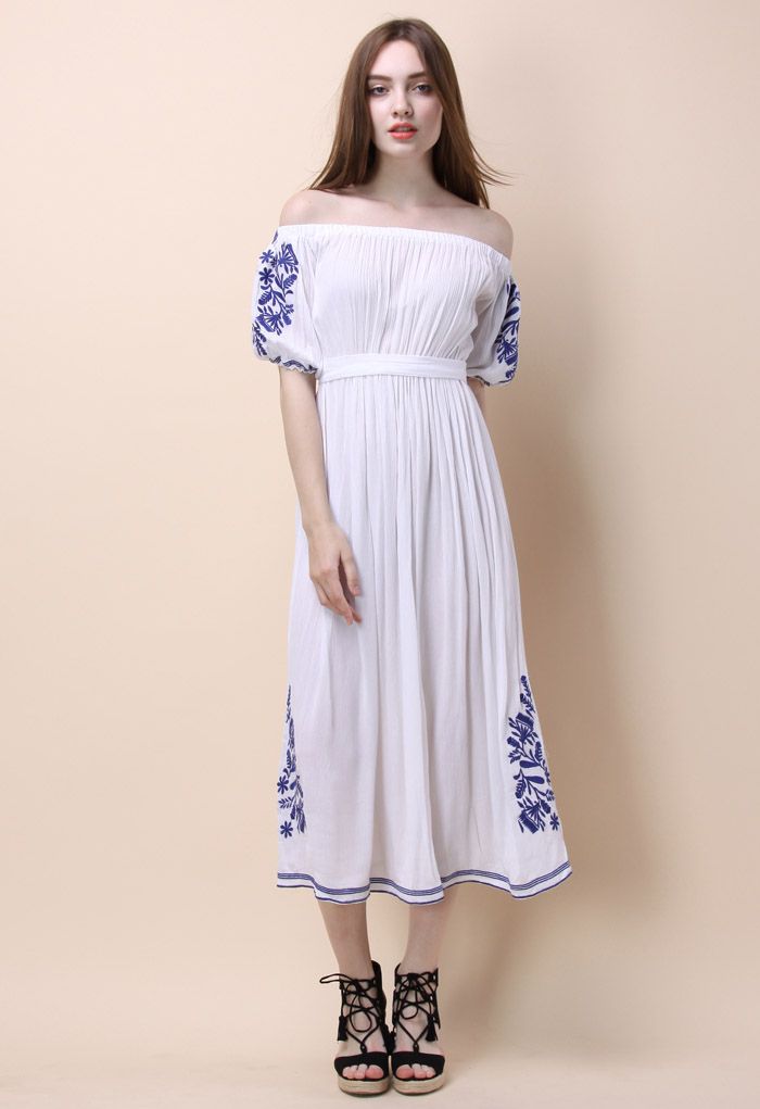 Boho Nymph - Weißes schulterfreies langes Kleid