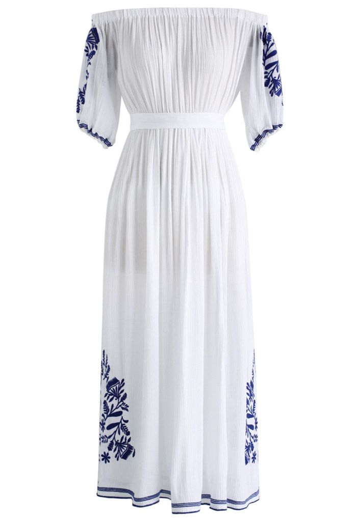 Boho Nymph - Weißes schulterfreies langes Kleid
