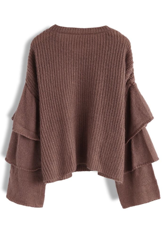 Impreso suéter de punto elegante con mangas acampanadas escalonadas en marrón