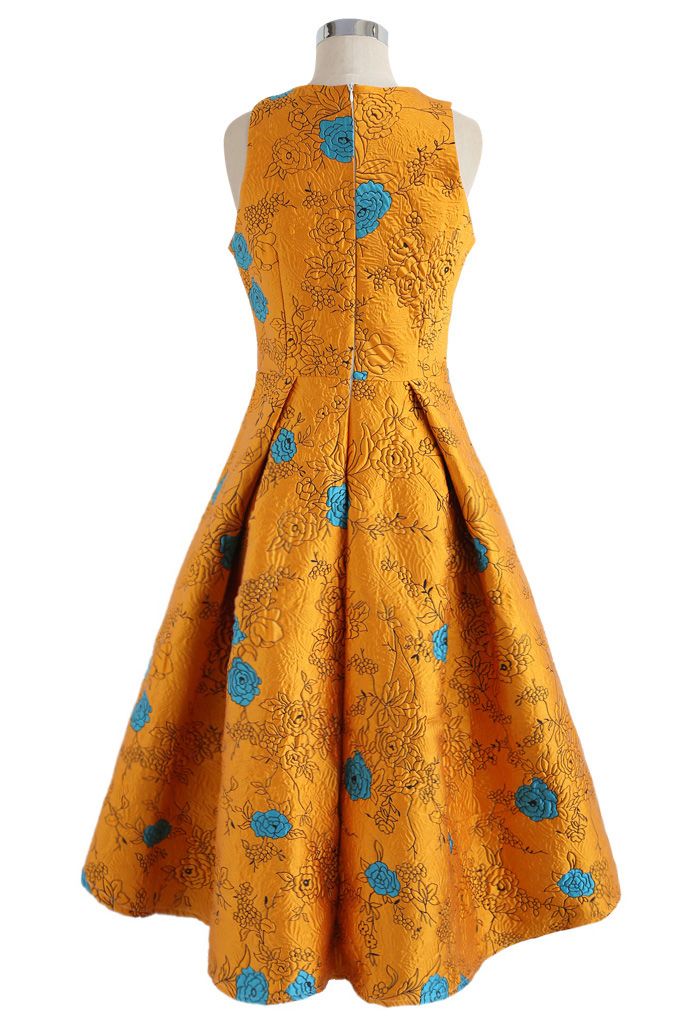 Gold Rose geprägtes Jacquard-Wasserfall-Kleid