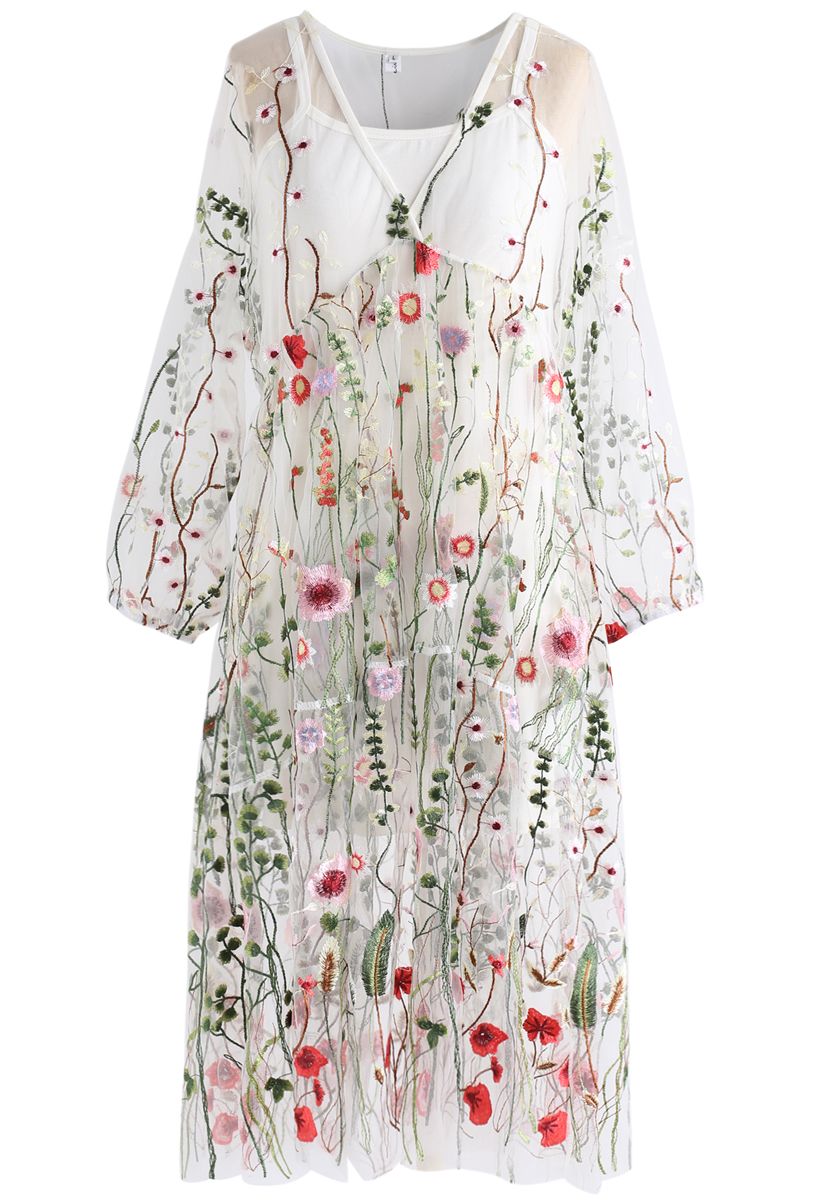 Kleid aus besticktem Netz von Lost Fields mit cremefarbenen Nackenblumen