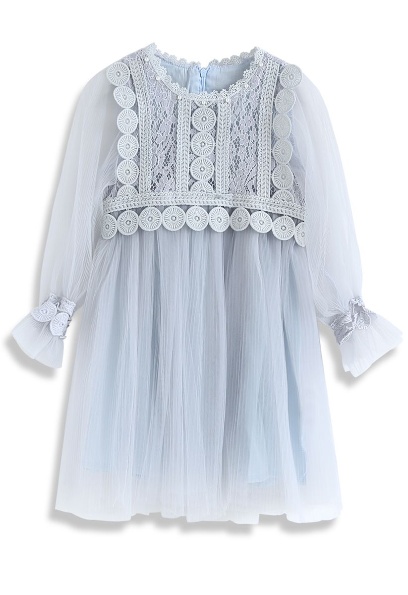 Zarte und Grace Lace Mesh Tüll Kleid in Dusty Blue für Kinder
