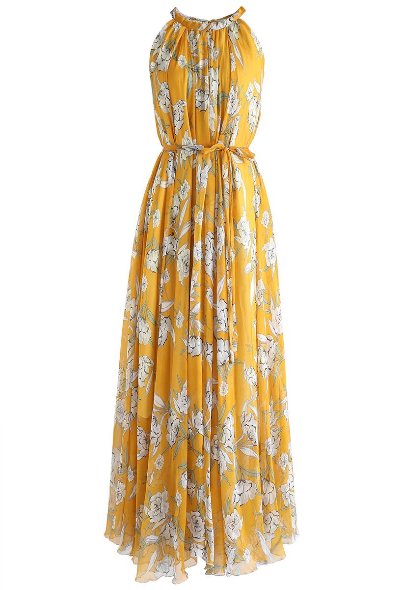 Blumensaison - Gelb Chiffon Ärmelloses Kleid