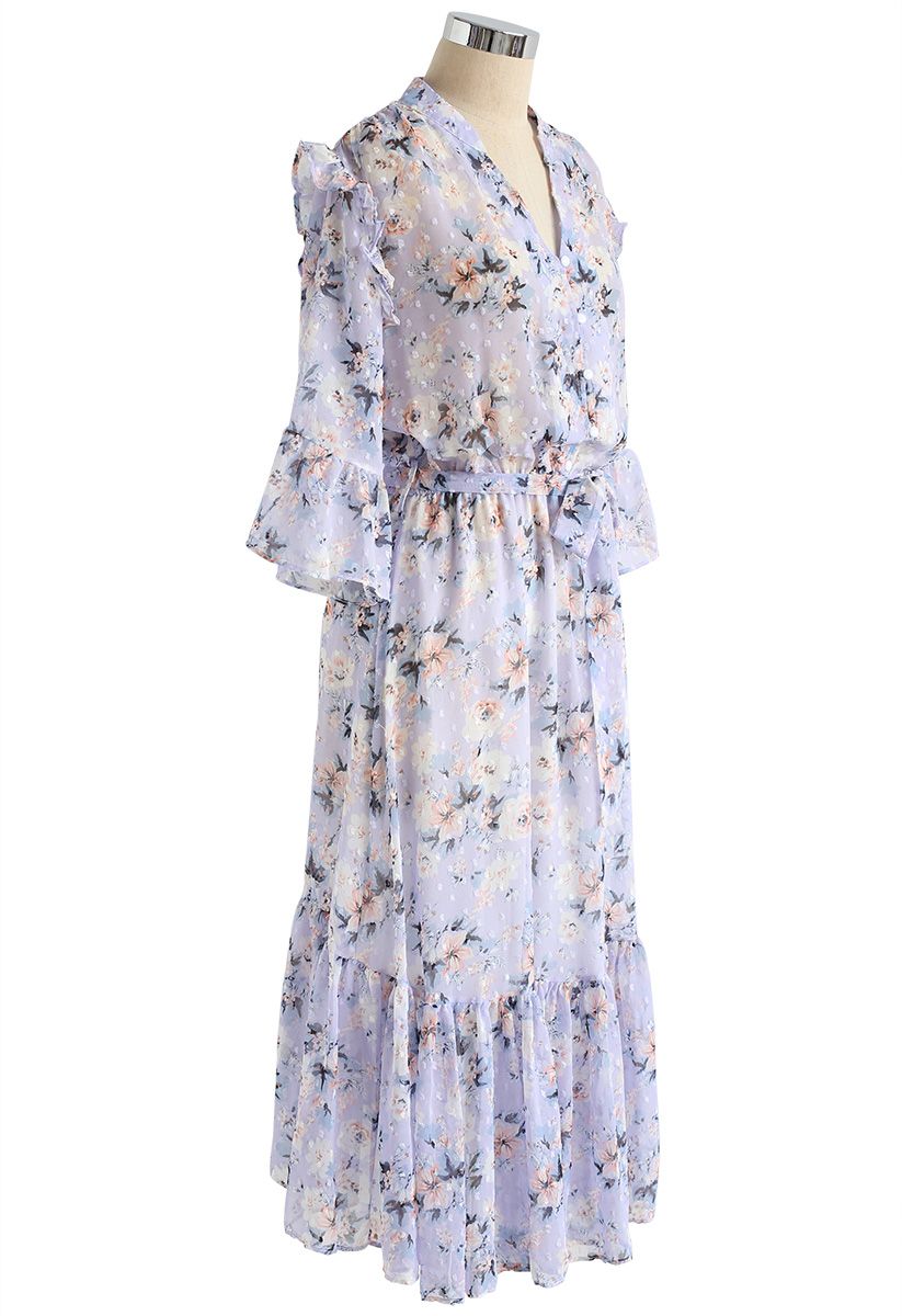 By My Side - Asymmetrisches Chiffon-Kleid mit Rüschen und Blumenmuster in Lila