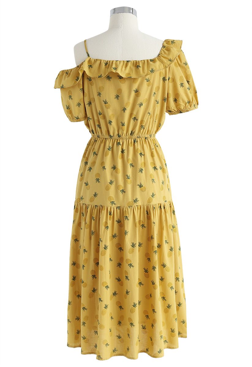 Ananas Illusion Cold-Shoulder-Kleid in Gelb