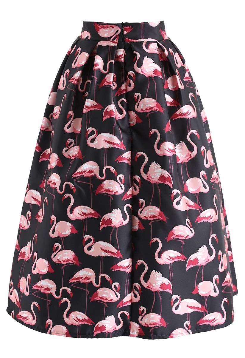 Pink Flamingo – Bedruckter Midirock in Schwarz