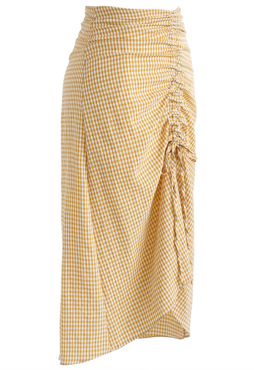 Drawing String Asymmetric Gingham Pencil Skirt in Yellow