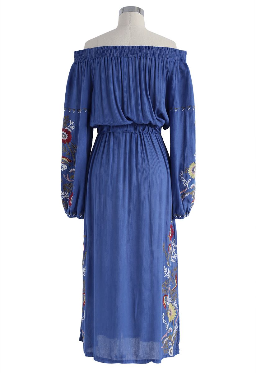 Sonniges blaues, gesticktes, trägerloses Kleid in Königsblau