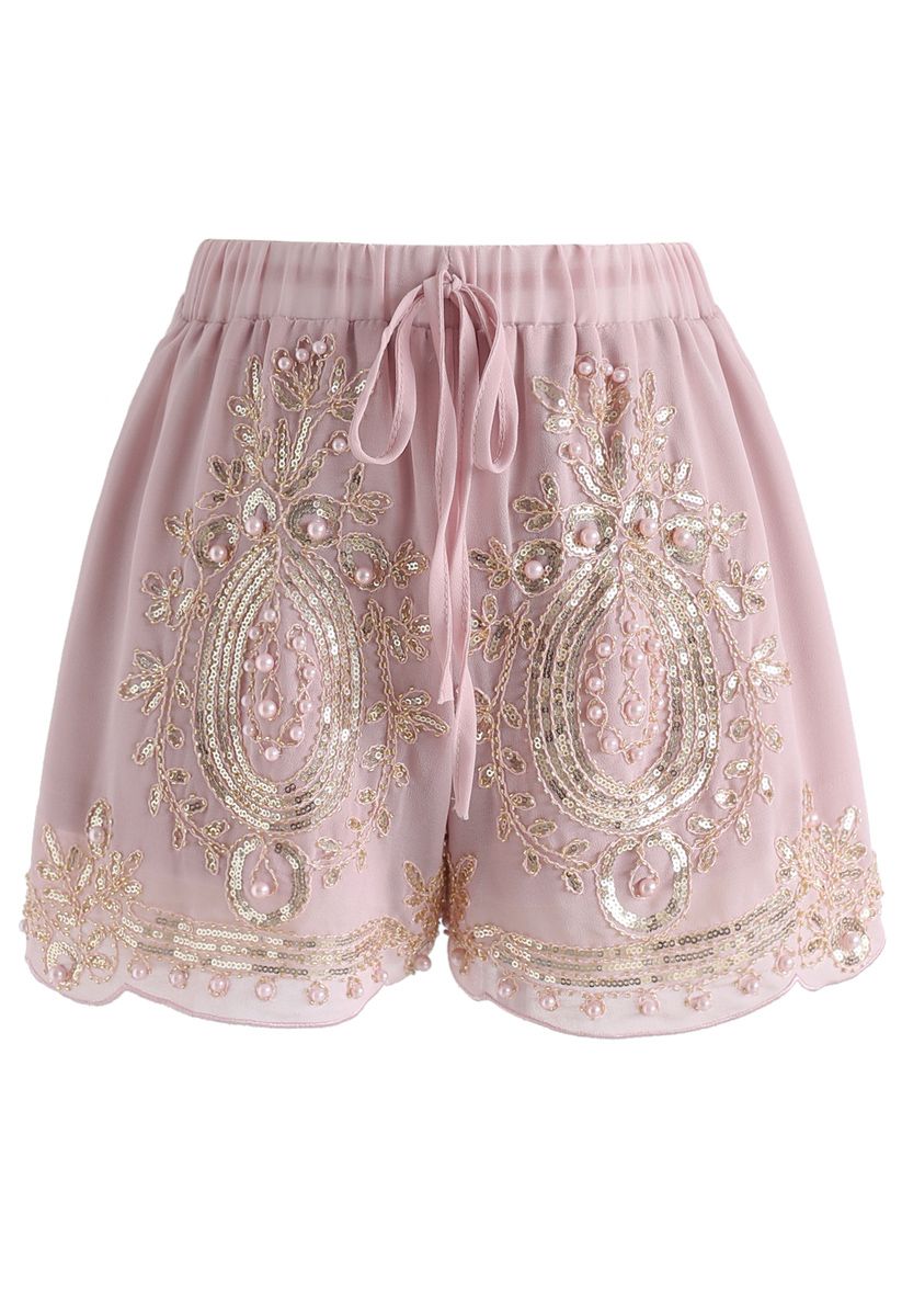 Shorts de gasa con cuentas brillantes en rosa