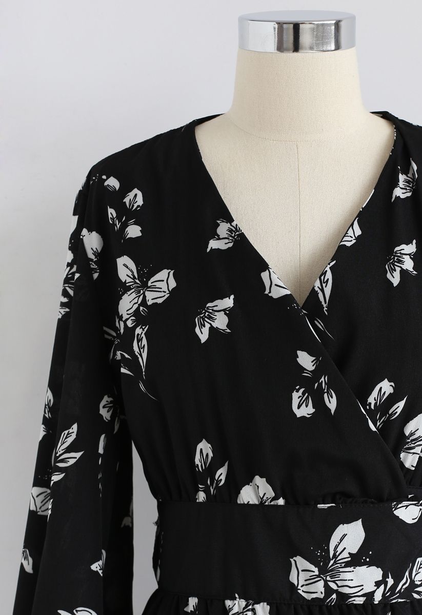 Poetic Illusion Wrap Floral Dress in Black