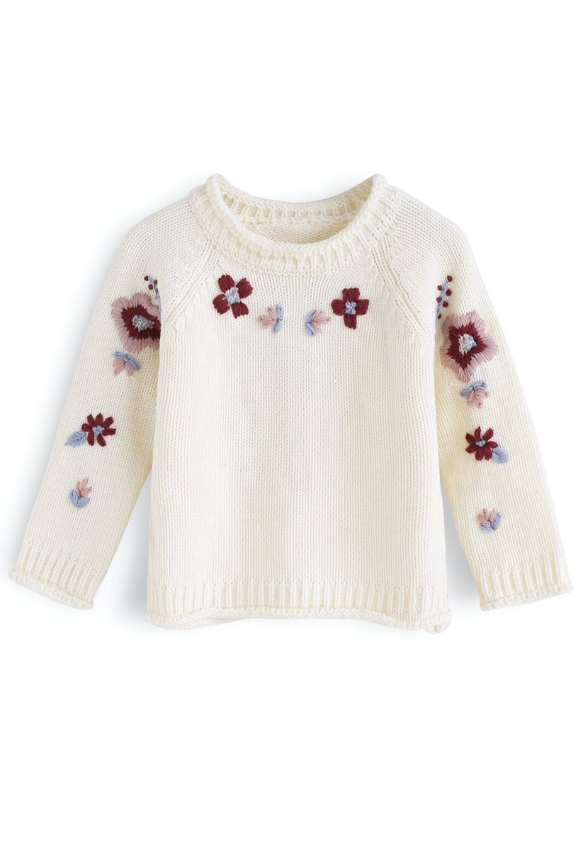 Fügen Sie mehr Elfenbein Blume gestickten Pullover für Kinder