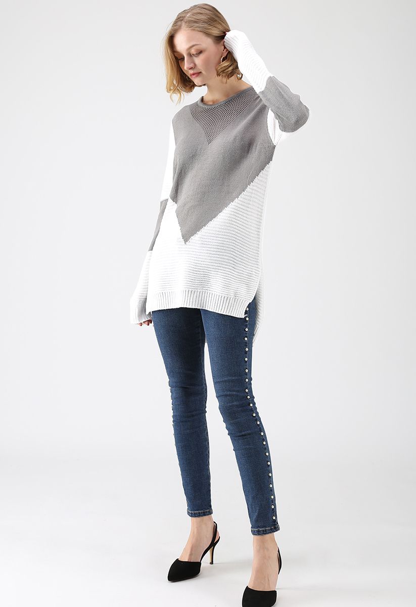 Farbblöcke - Langer Pullover in Grau