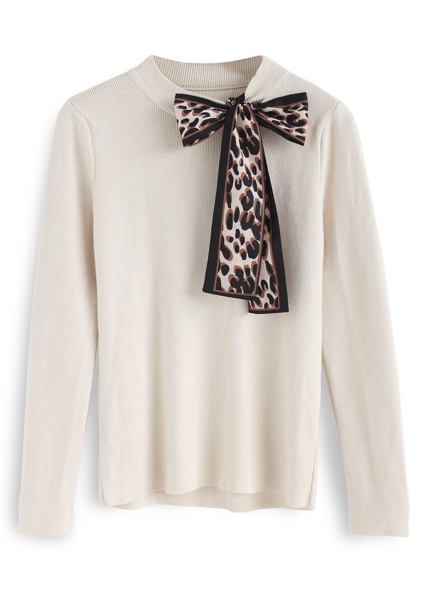 Surpass Basics Leopard Bowknot Knit Top in Cream