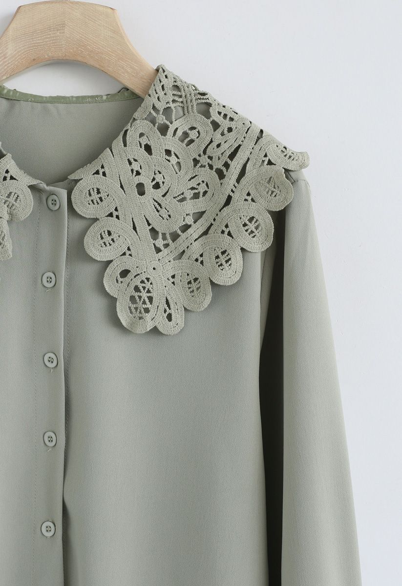 Romantische und Vintage Crochet Collar Top in Moosgrün