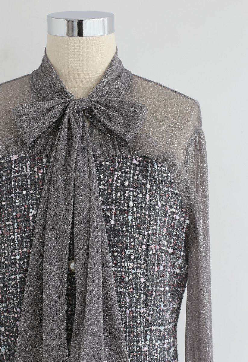 Schimmerndes Bowknot Mesh Tweed Kleid in Grau