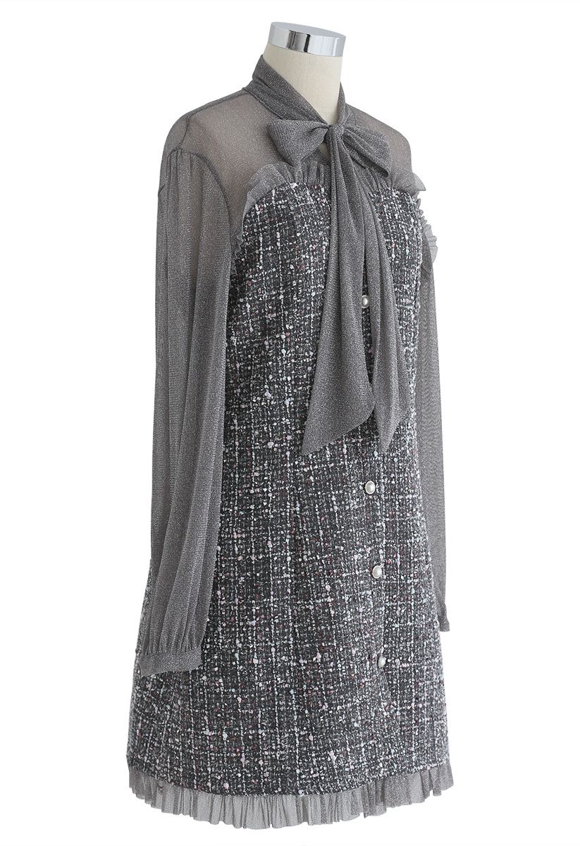 Schimmerndes Bowknot Mesh Tweed Kleid in Grau