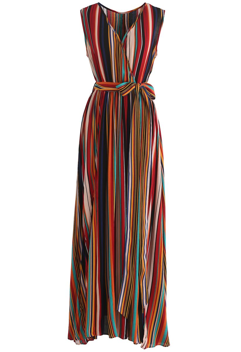 Elegance Keeper Stripes Maxikleid mit V-Ausschnitt in Wine
