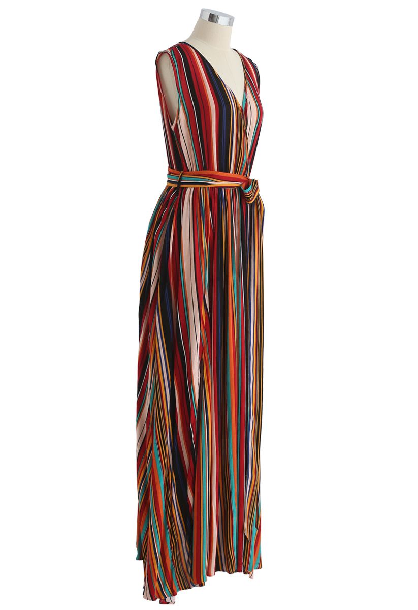 Elegance Keeper Stripes Maxikleid mit V-Ausschnitt in Wine