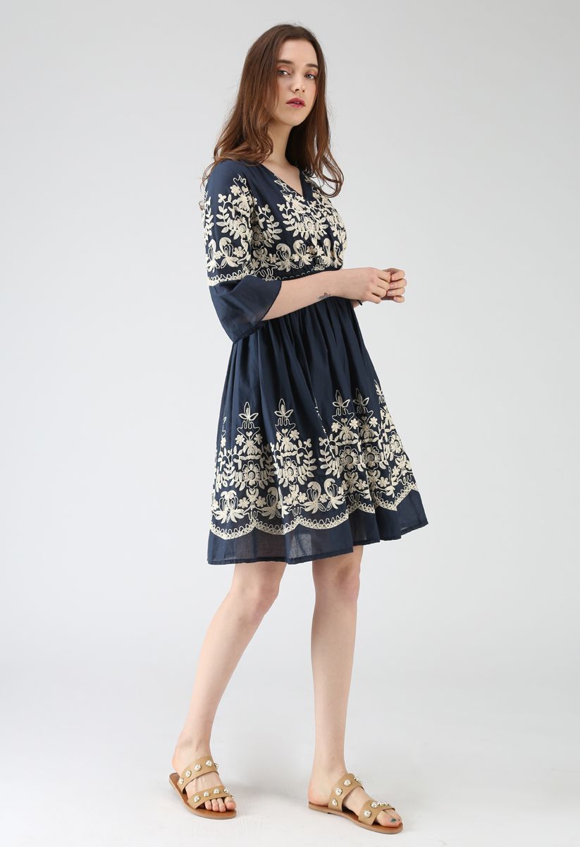 Bloom Merrymaking Embroidered Dress in Navy