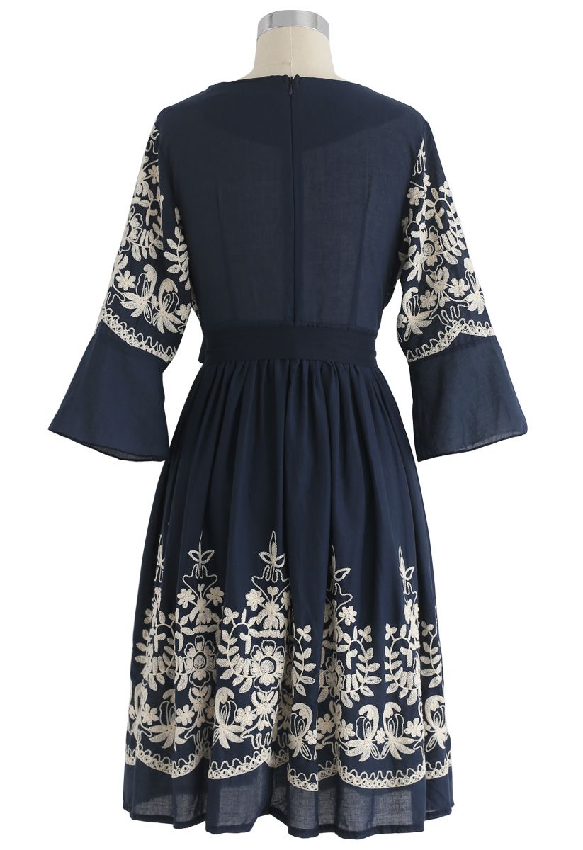 Bloom Merrymaking Embroidered Dress in Navy