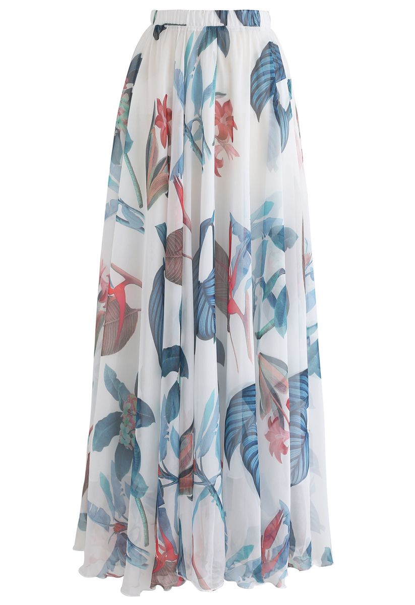 Tropische Blumenaquarelle - Maxiskirt auf Weiß