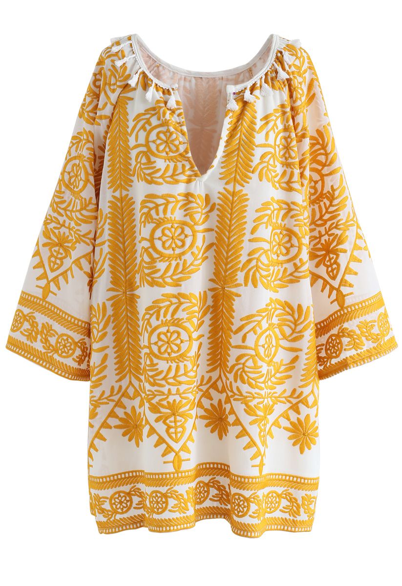 Tippen Sie auf die Skyline Boho Embroidered Dress in gelb