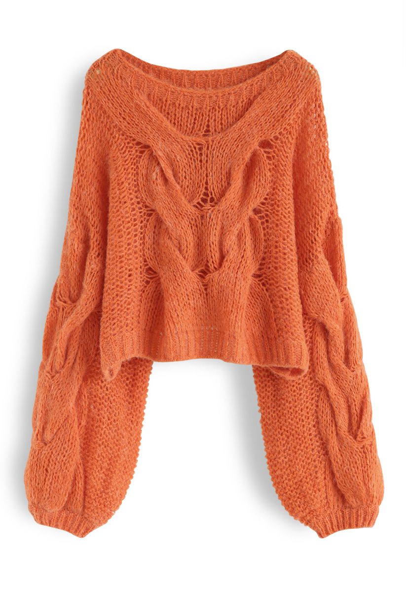 Handgestrickter Pullover mit Puffärmeln in Orange