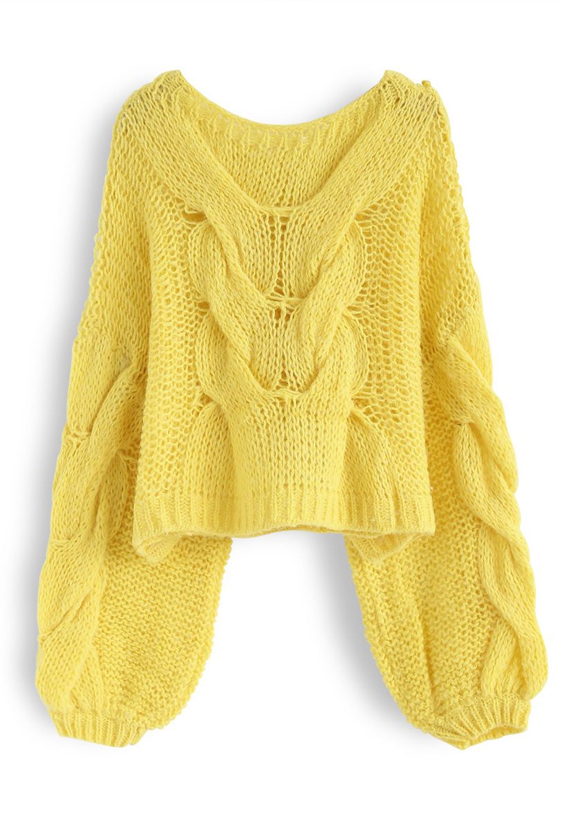 Handgestrickter Pullover mit Puffärmeln in Gelb