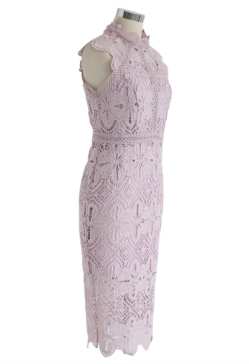 Diamond und Floral Crochet Bodycon Midi-Kleid in Pink