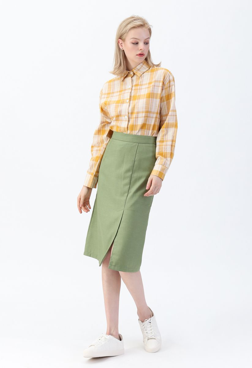 Grundfarbe Split Hem Pencil Skirt in Grün
