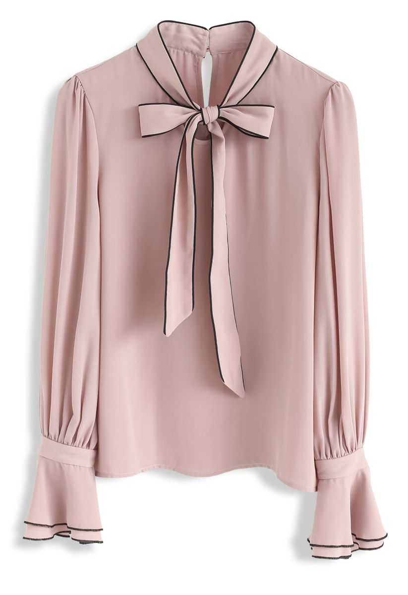 Bowknot Bell Sleeves Chiffontop in Pink