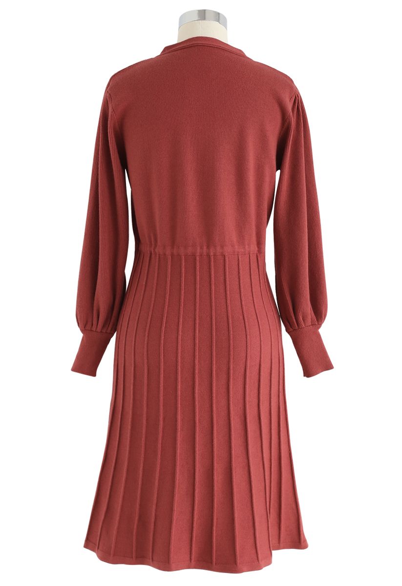 Puffarmel Drawstring Plissee Knit Midi Kleid In Rot Retro Indie And Unique Fashion