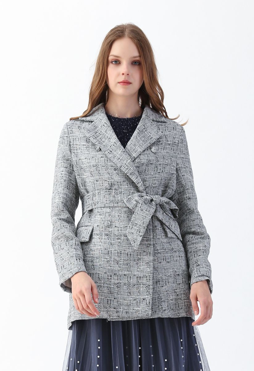 Zweireihiger Tweed-Blazer mit Gürtel in Grau