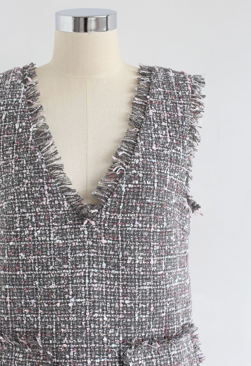 Flap Pockets Tweed V-Neck Shift Kleid in Grau