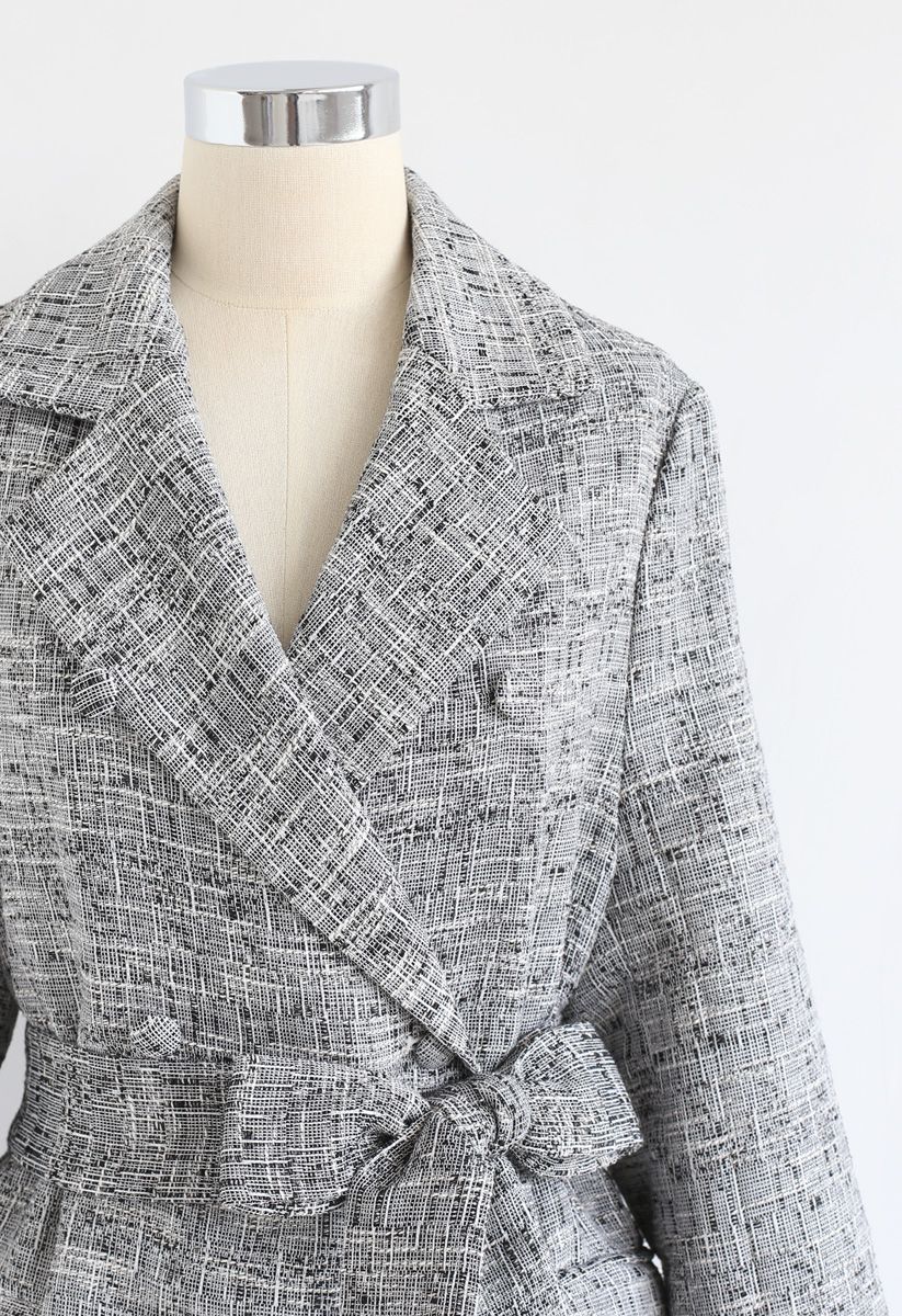 Zweireihiger Tweed-Blazer mit Gürtel in Grau