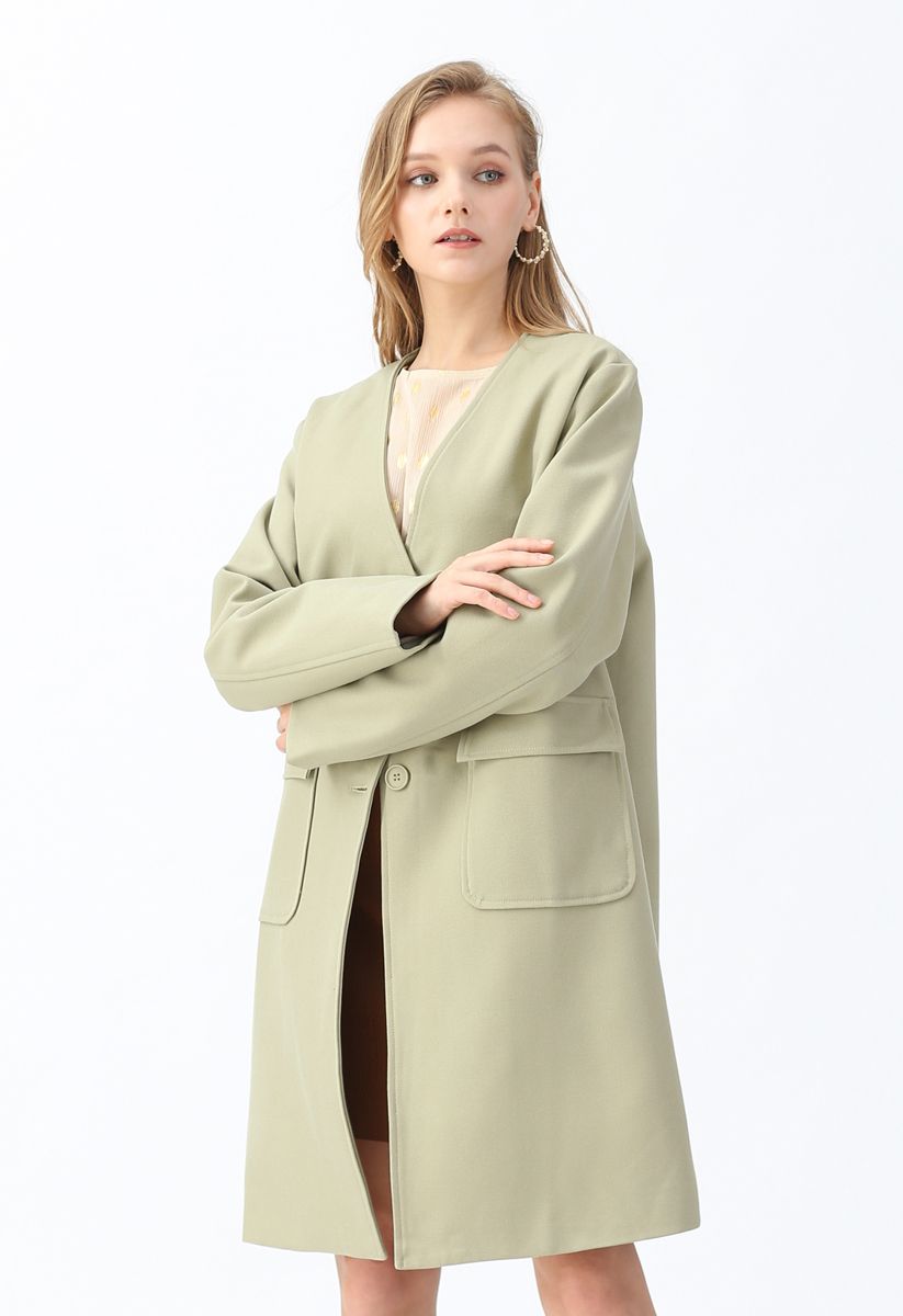 V-Ausschnitt Taschen Longline Coat in Moosgrün