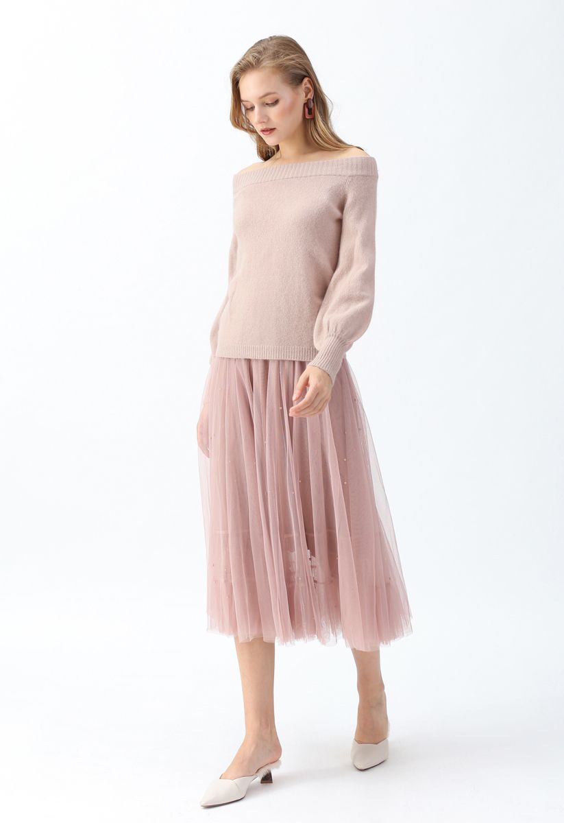 Puffärmel Off-Shoulder Fluffy Knit Sweater in Dusty Pink