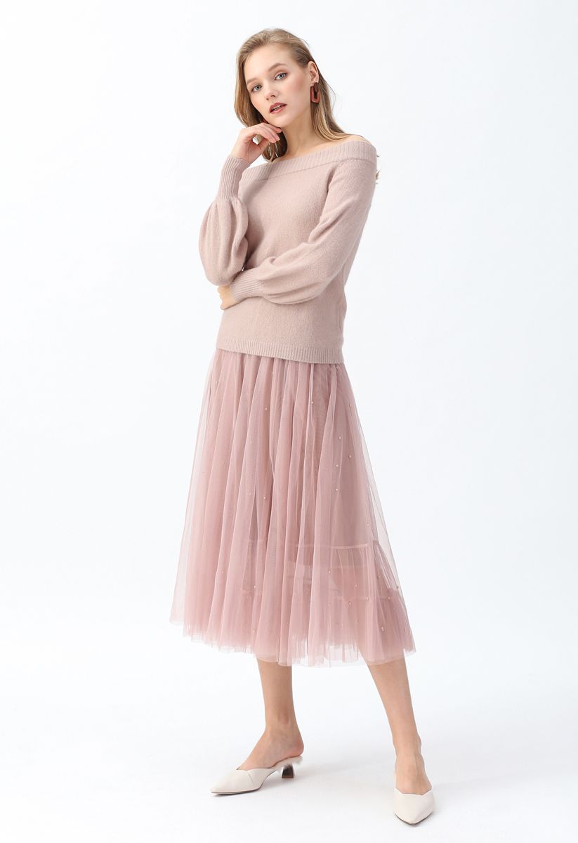 Puffärmel Off-Shoulder Fluffy Knit Sweater in Dusty Pink