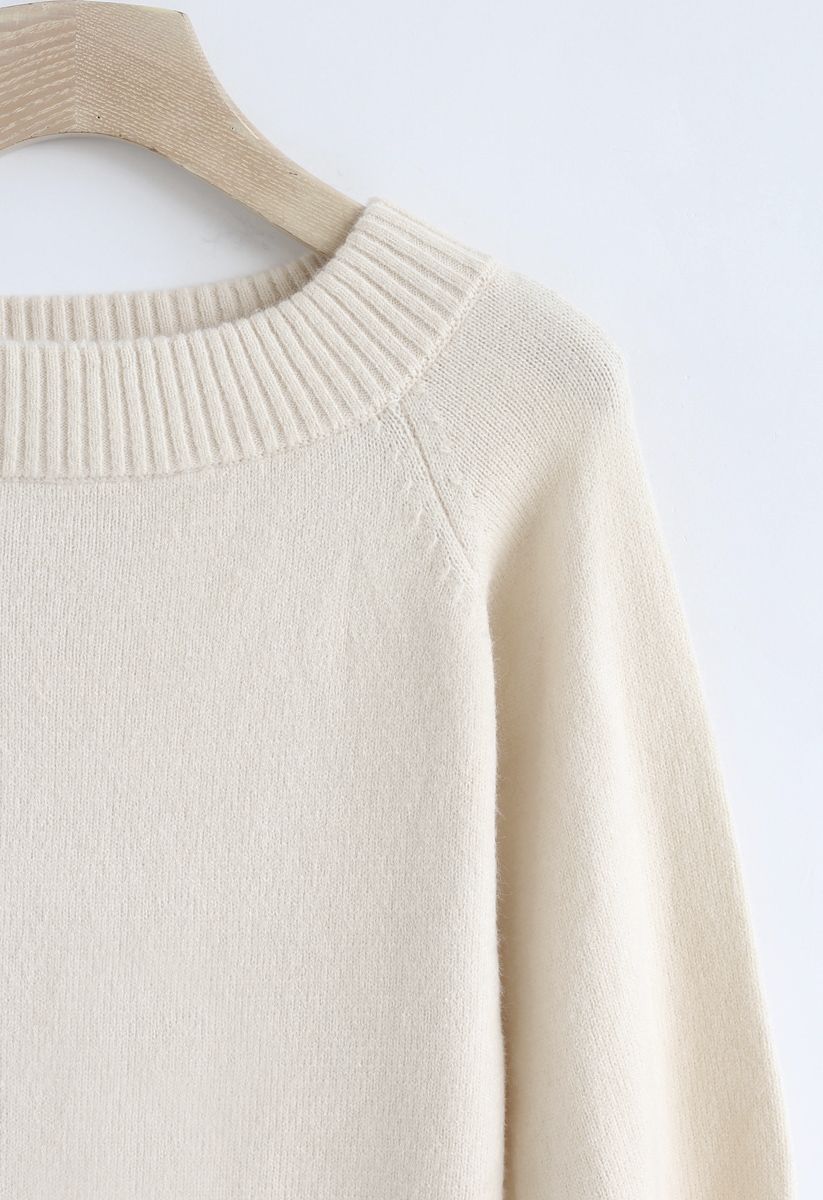 Puff Sleeves Off-Shoulder Fluffy Knit Sweater in Cream