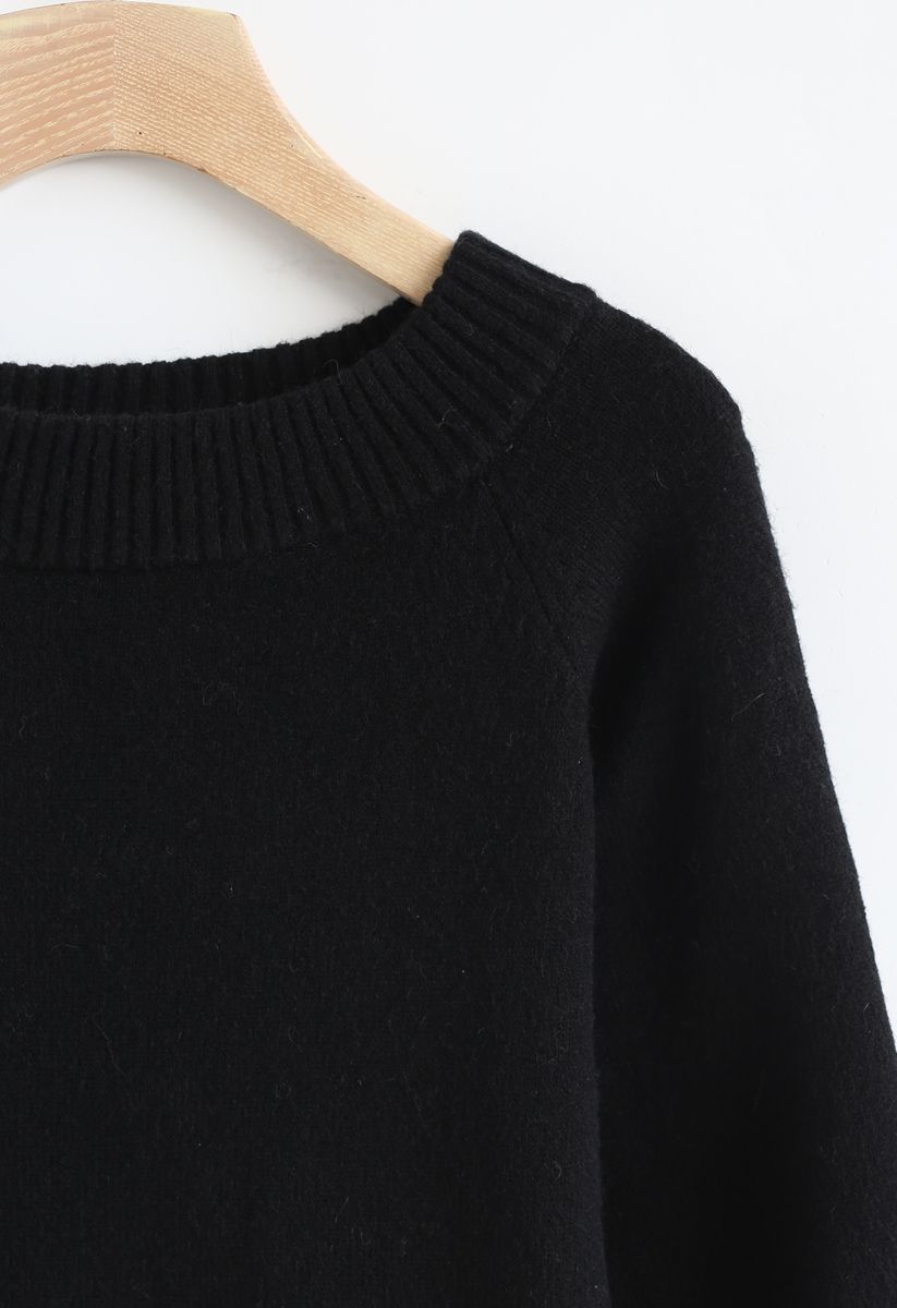 Puffärmel Off-Shoulder Fluffy Knit Sweater in Schwarz