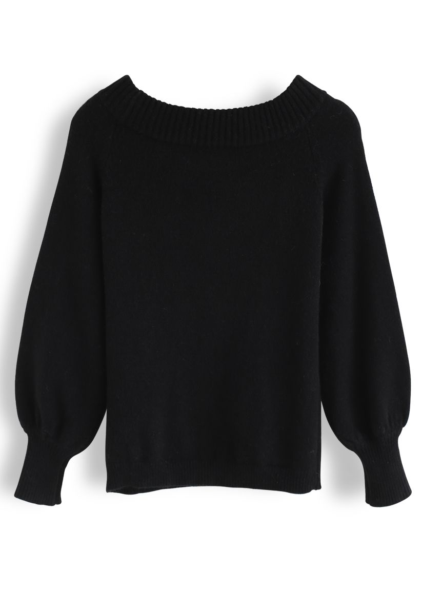 Puffärmel Off-Shoulder Fluffy Knit Sweater in Schwarz