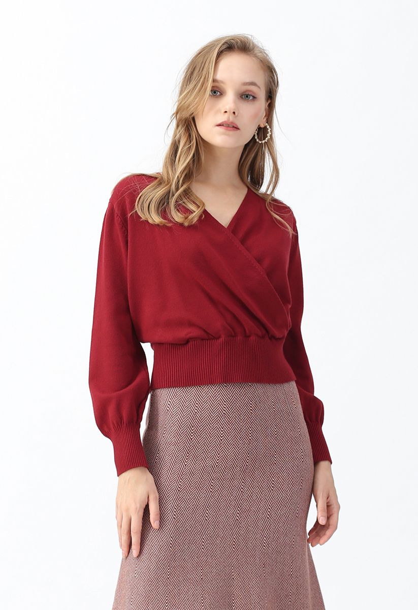 Basic Soft Wrapped Knit Top in Rot