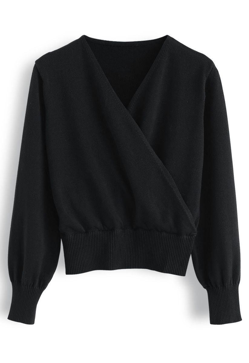 Basic Soft Wrapped Knit Top in Schwarz