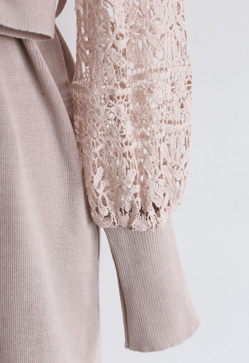Self-Tied Bowknot Crochet Strick Midi-Kleid in Pink