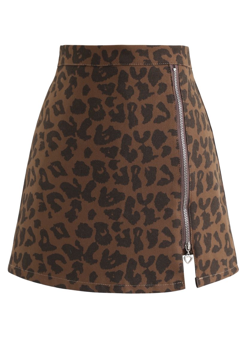 Minirock mit Reißverschluss und Leopardenmuster in Braun
