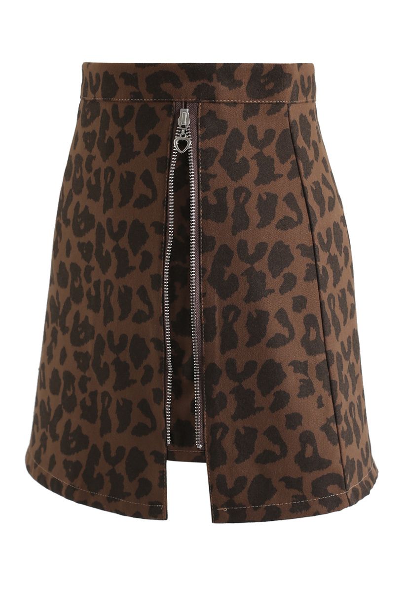 Minirock mit Reißverschluss und Leopardenmuster in Braun
